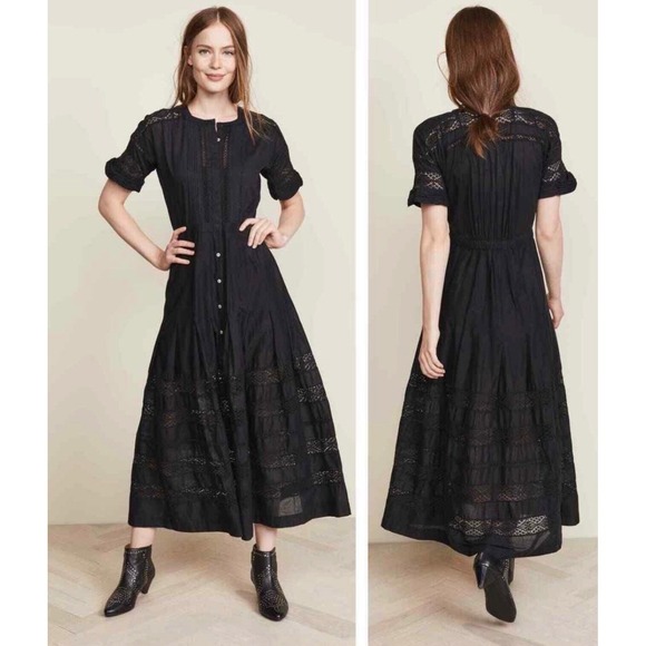 LoveShackFancy Dresses & Skirts - LoveShackFancy Edie Black Cotton Poplin Lace Button Front Midi Dress Tiered Sz M